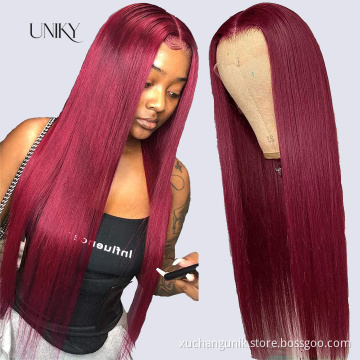 Uniky Wholesale 150% Density Burgundy Red Wigs 1b 99J Human Hair Vigin Brazilian Hair Lace Front Wig For Black Woman